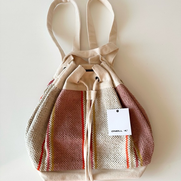 O'Neill Handbags - O'Neill Cream and Rust Striped Woven Drawstring Backpack